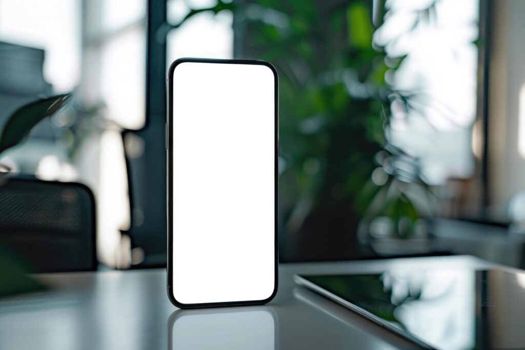 Smartphone with a blank screen standing on a wooden office table, blurring into a modern workspace background Free Photo