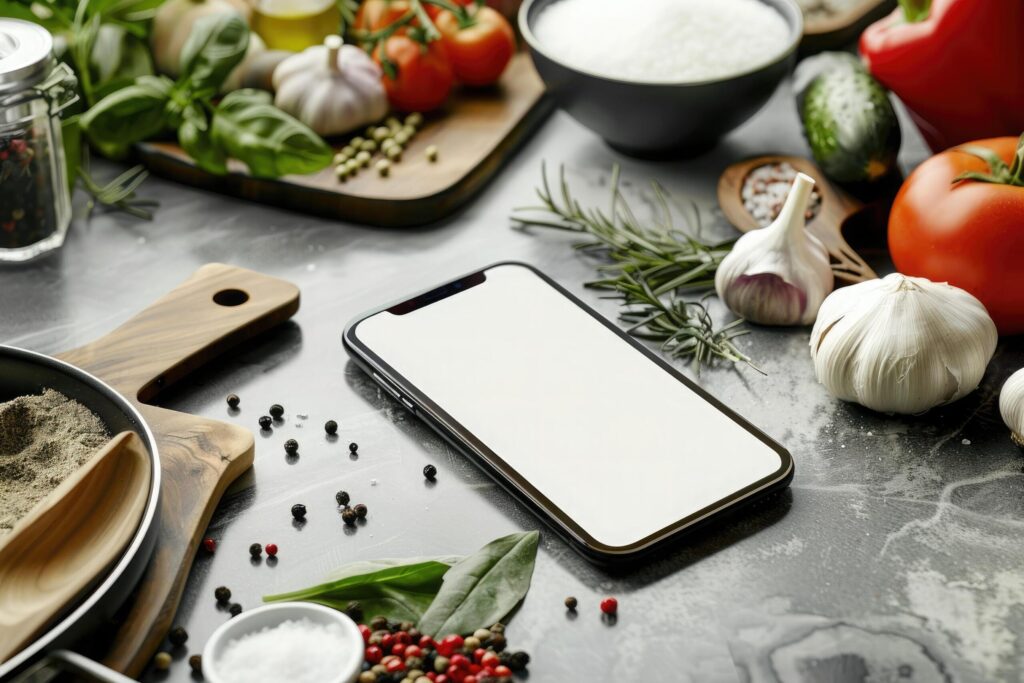 Smartphone with blank screen lies amid fresh cooking ingredients on a kitchen countertop, ready for a recipe app Free Photo