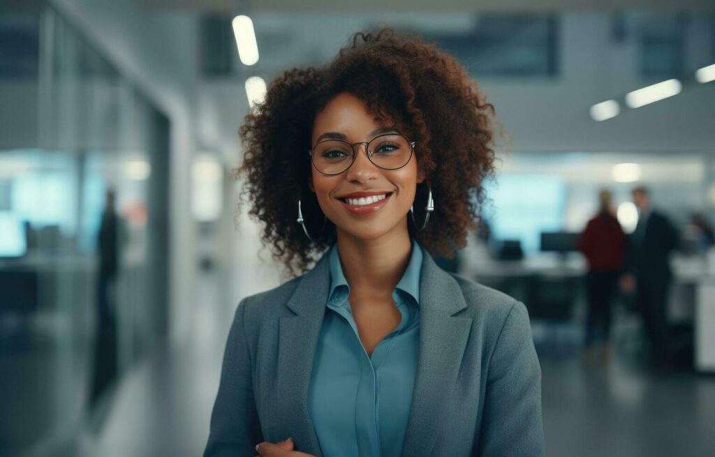 AI generated smiling africanamerican woman in a business office Stock Free