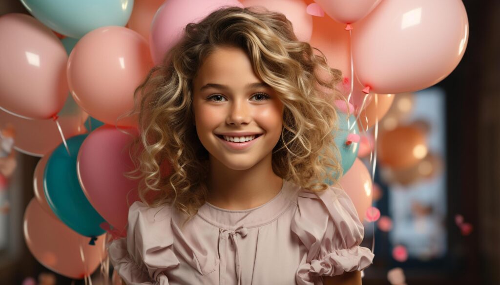 Smiling Caucasian girl holding colorful balloon, enjoying birthday party generated by AI Free Photo