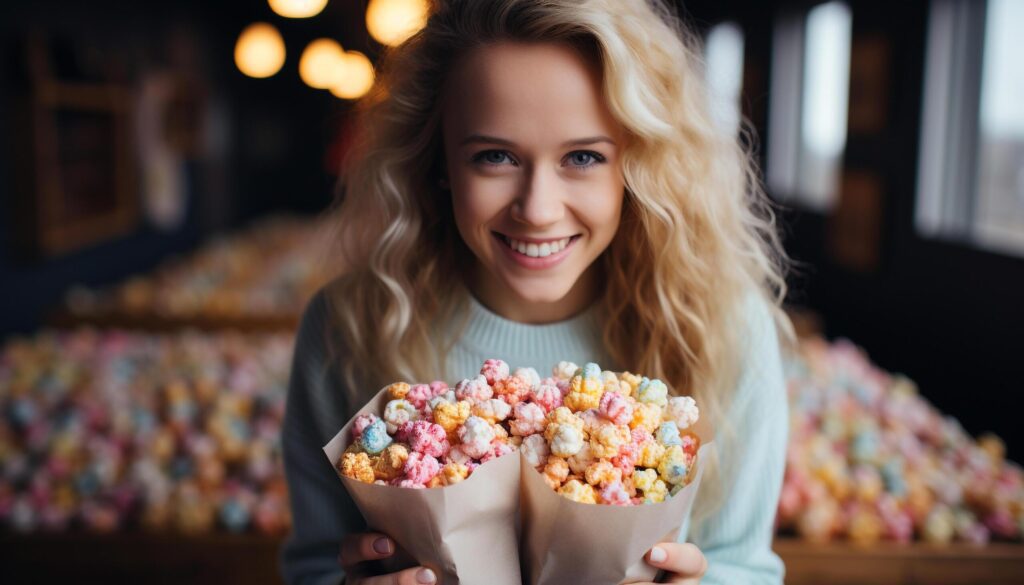 Smiling Caucasian woman enjoying sweet candy, celebrating indoors with confidence generated by AI Free Photo