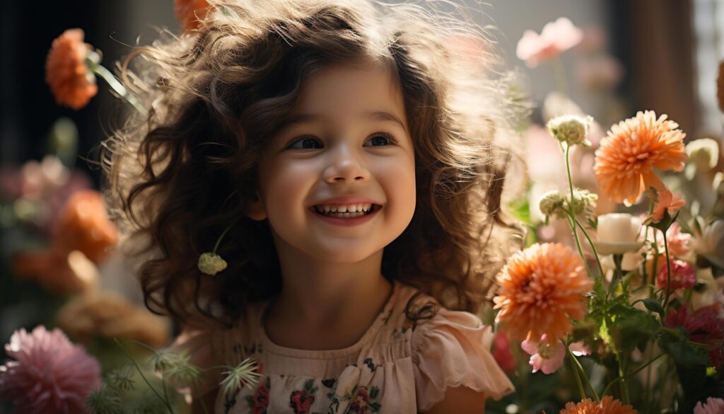 Smiling child, cheerful and cute, happiness in nature flower generated by AI Free Photo