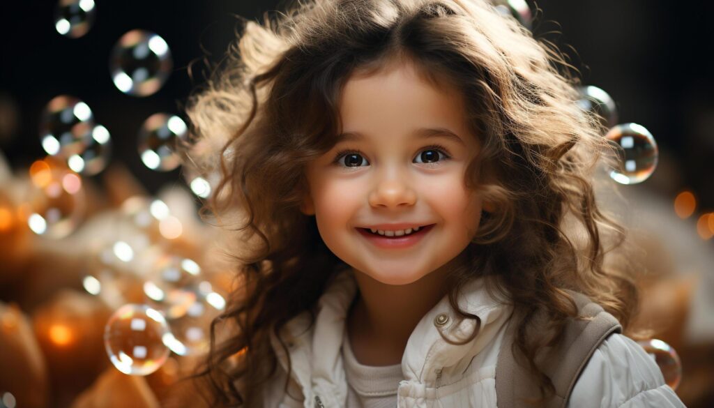 Smiling child, cheerful and cute, radiates happiness and childhood joy generated by AI Free Photo