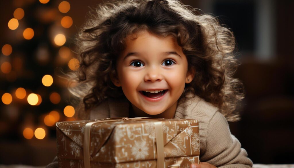 Smiling child holds gift, brings happiness to Christmas celebration generated by AI Free Photo