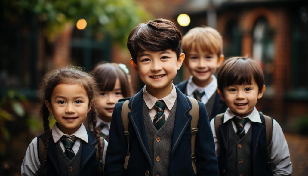 Smiling children in school uniforms, outdoors, looking at camera generated by AI Free Photo