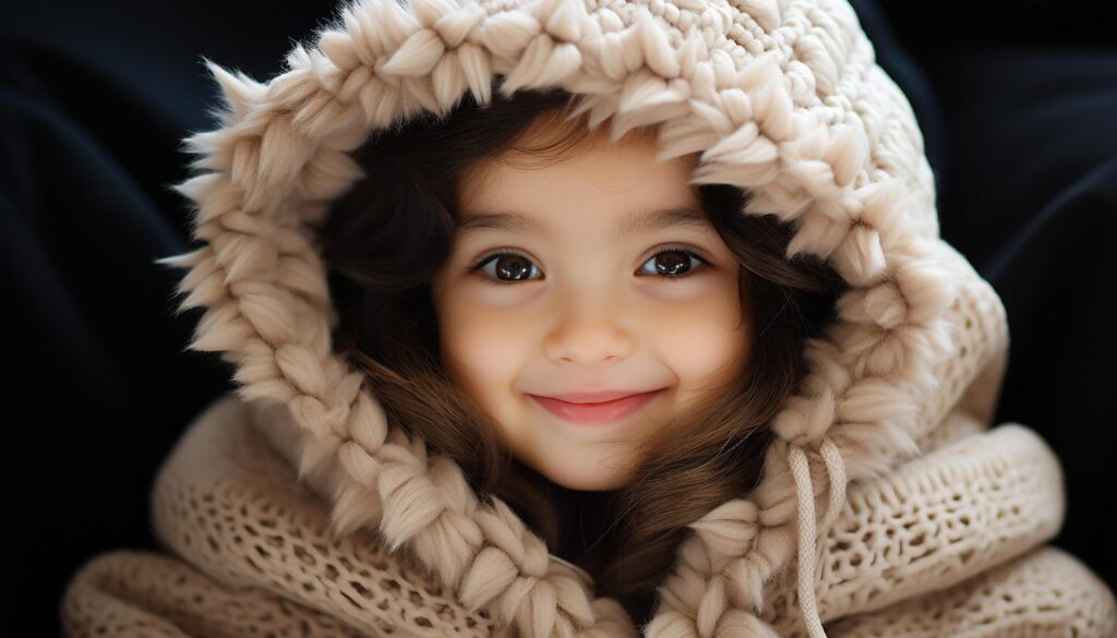 Smiling cute child, portrait of cheerful Caucasian girl in winter generated by AI Free Photo