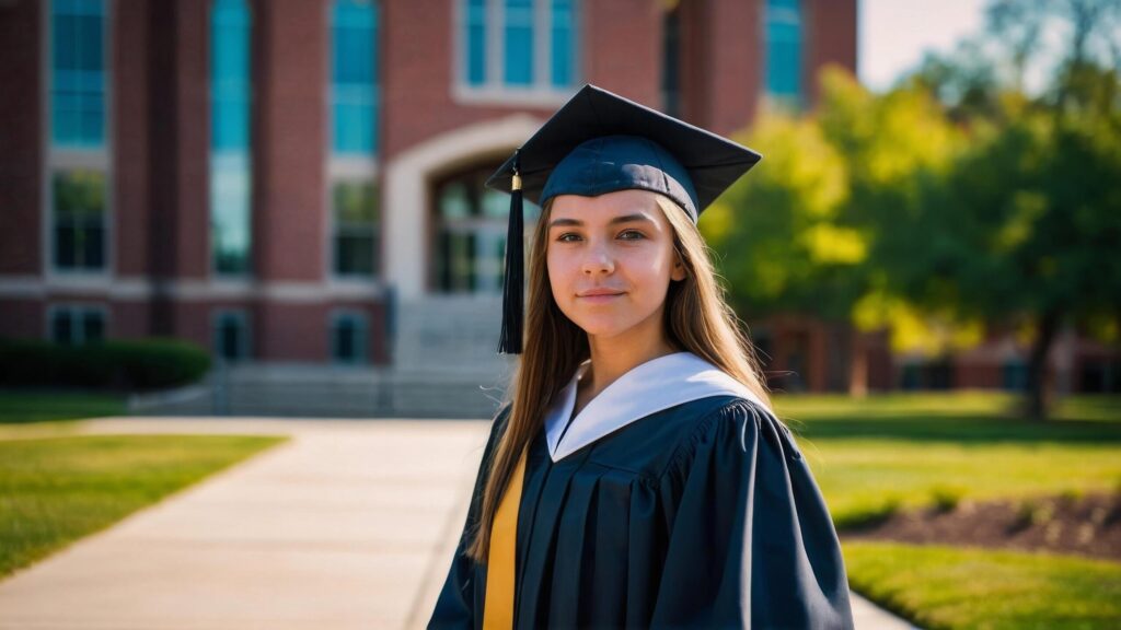 Smiling Female Graduate in Cap and Gown on University Campus at Golden Hour Free Photo