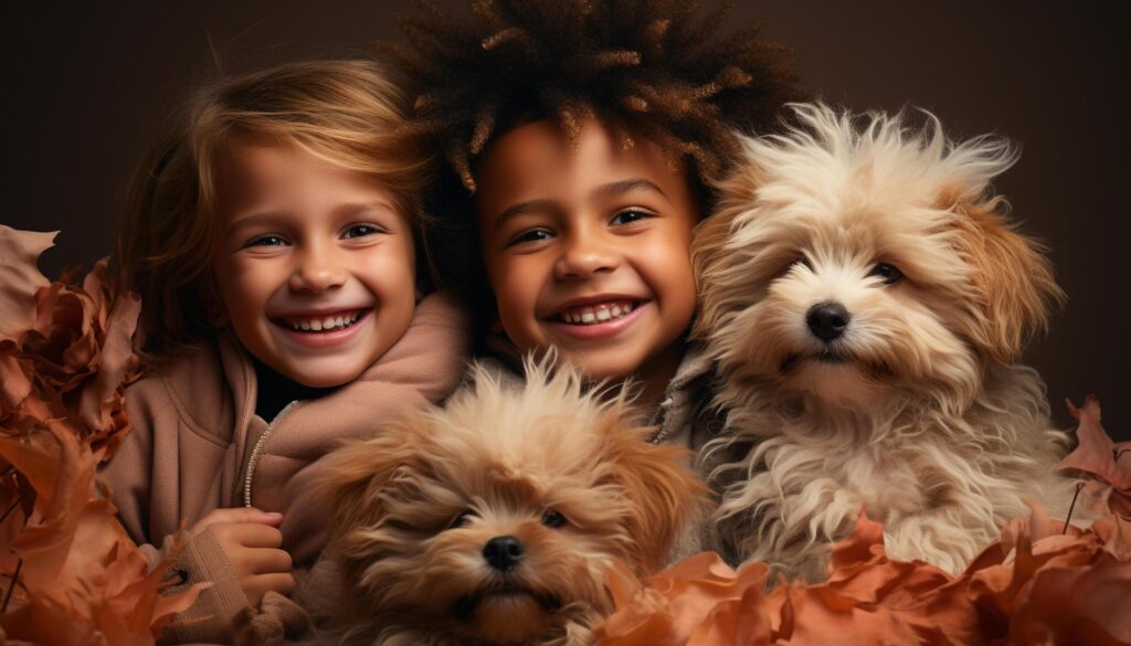 Smiling girl embraces small puppy, pure happiness in their friendship generated by AI Free Photo