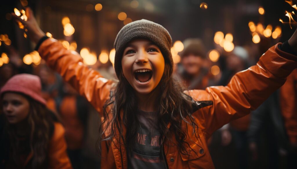 Smiling young adult enjoys cheerful winter night generated by AI Free Photo