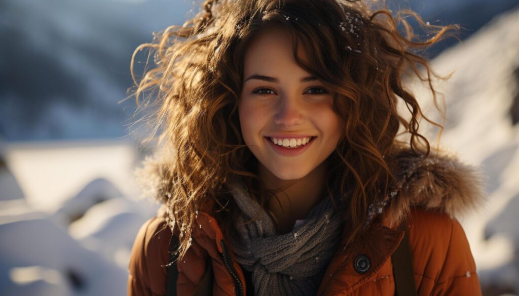 Smiling young woman in winter, enjoying nature beauty generated by AI Free Photo