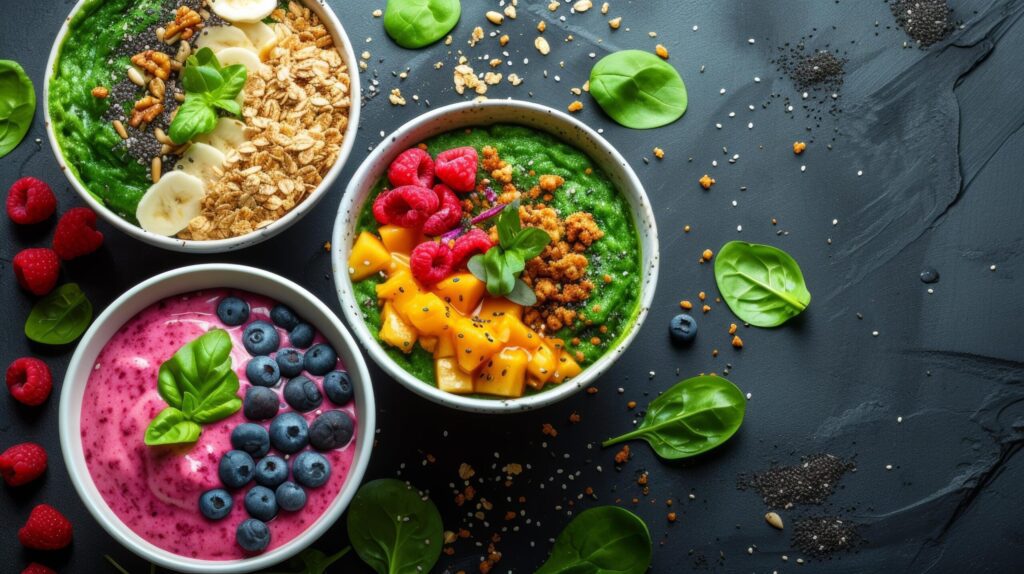 Smoothie bowls adorned with nutritious toppings, appealing to health-conscious individuals Free Photo