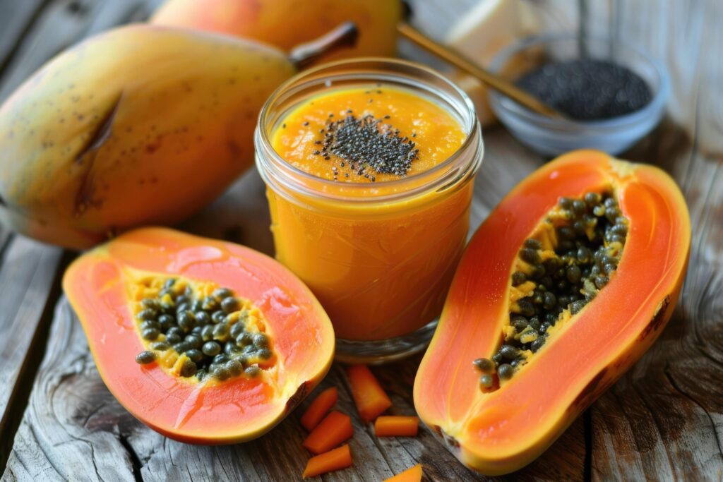 Smoothie with mango and papaya, tropical cocktail background, space for text Free Photo