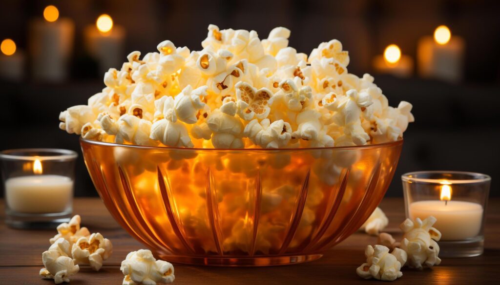 Snack bowl on wooden table, candle glowing, movie night relaxation generated by AI Free Photo