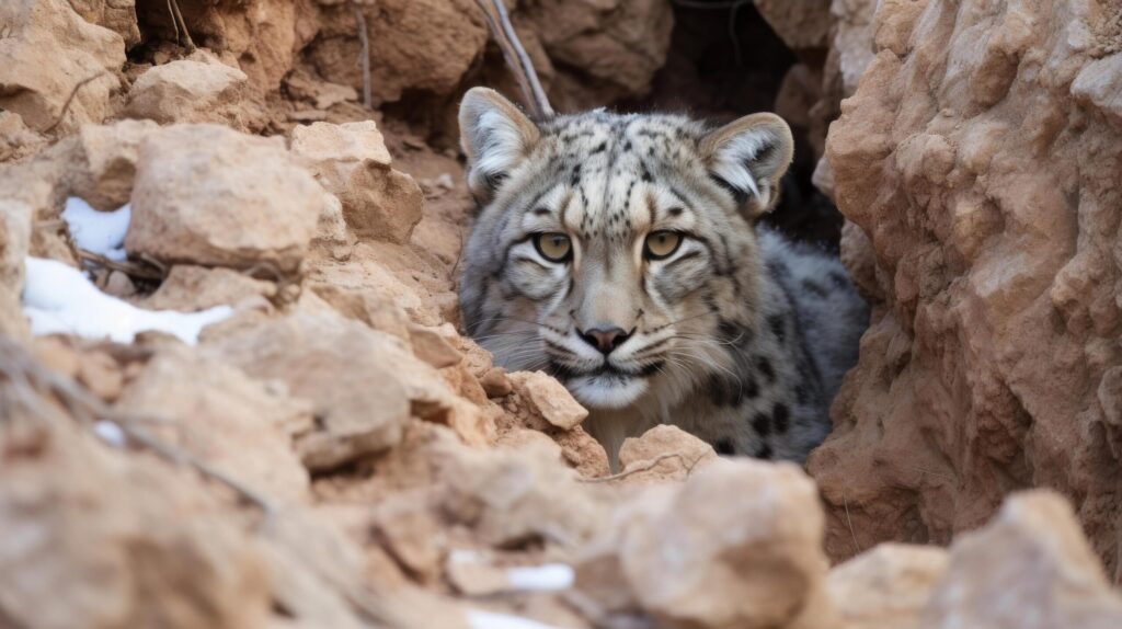 Snow leopard blending in with rocks and snow Free Photo