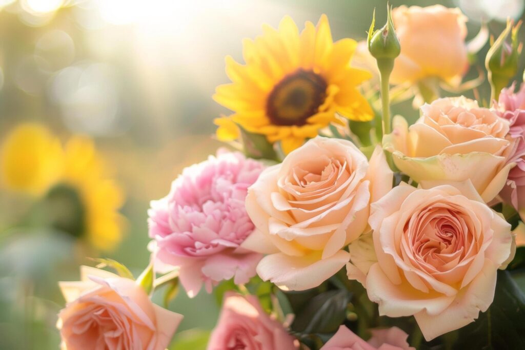 Soft Light Roses and Sunflowers Bouquet Free Photo