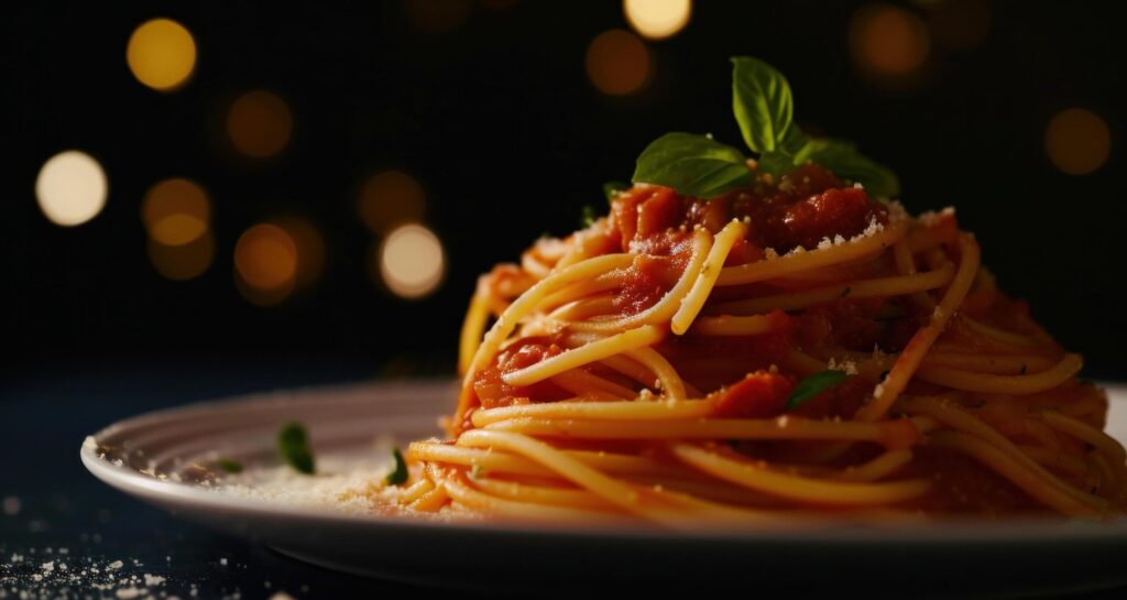 some spaghetti on a plate on a dark background Free Photo