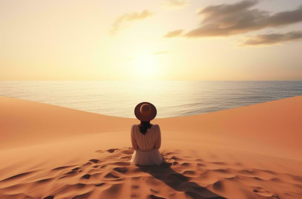 AI generated someone is sitting at the sand with her back to the sea, Stock Free