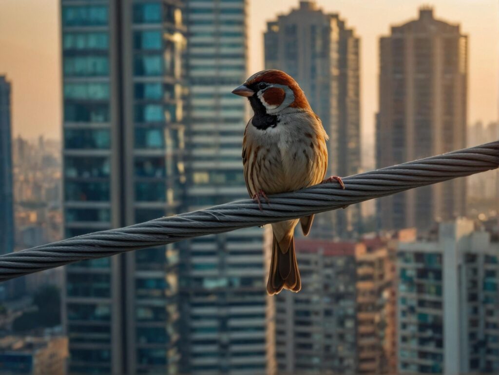 sparrow bird standing on a thin electric wire Free Photo