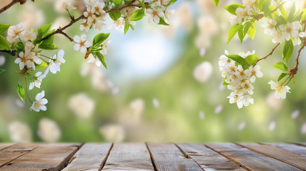 Spring background with flowering branches and wooden base Free Photo