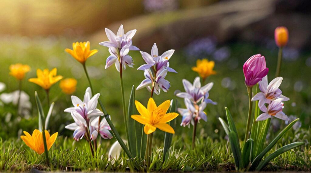 AI generated Spring flowers on green lawn, flooded with bright sunlight, blurred background. Stock Free