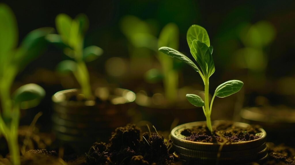 Sprouts Growing on Coin Stacks Looping Green Business Growth Recycling Renewable Energy Environmental Consciousness Concept Free Photo