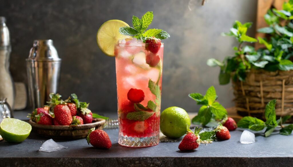 Srawberry mojito with strawberries and leaves Free Photo