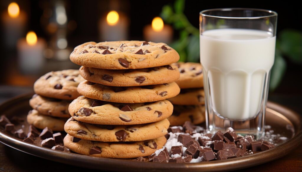 Stack of homemade chocolate chip cookies on rustic wooden table generated by AI Free Photo