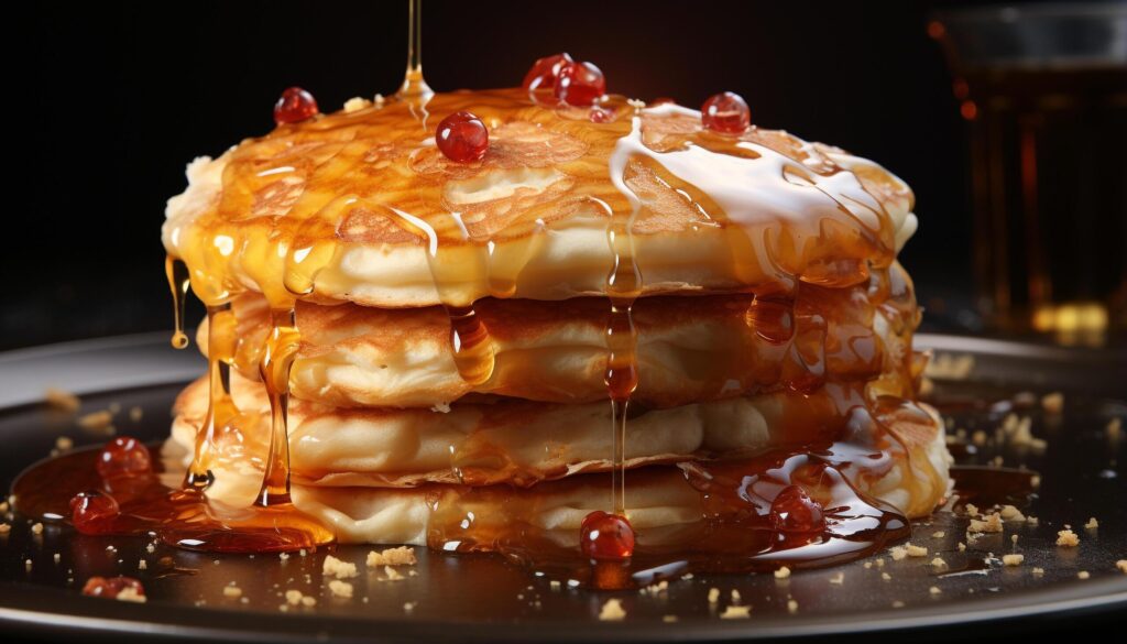 Stack of homemade pancakes with syrup and fresh berries generated by AI Free Photo