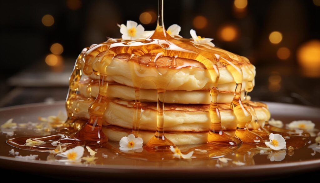 Stack of homemade pancakes with syrup and fresh berries on plate generated by AI Free Photo