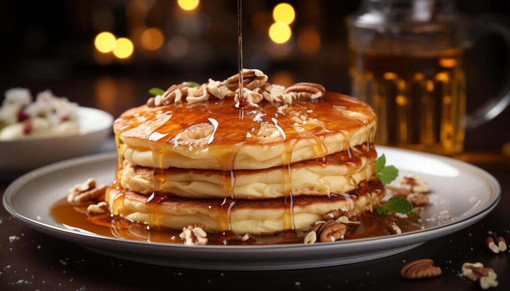 Stack of homemade pancakes with syrup and fresh fruit generated by AI Free Photo