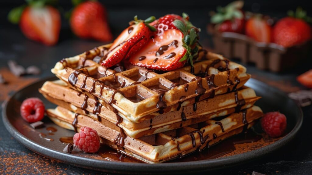 Stack of Waffles Topped With Strawberries and Chocolate Free Photo