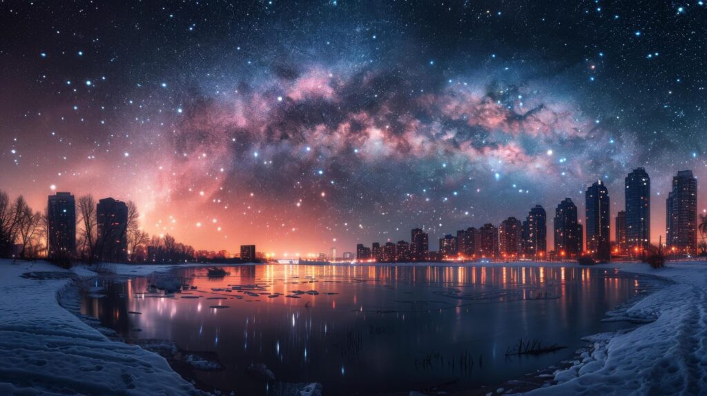 Starry Night Sky With City Lights Reflected in Water Free Photo