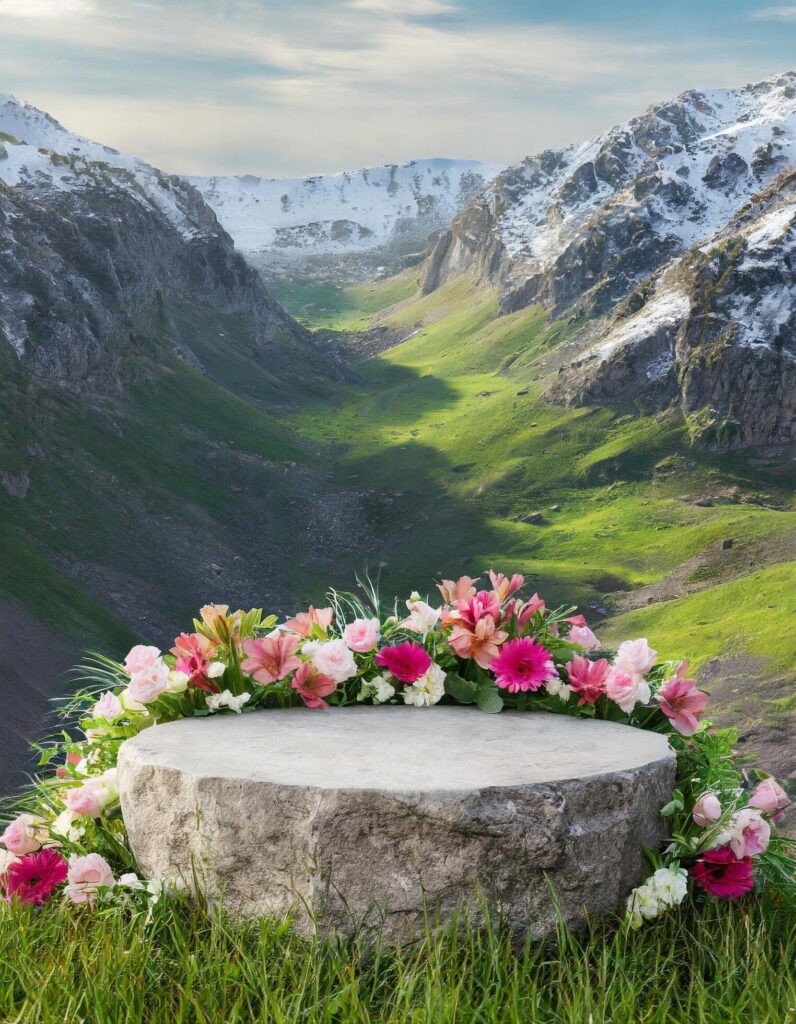 stone podium surrounded by flowers and green grass with mountain view background Free Photo