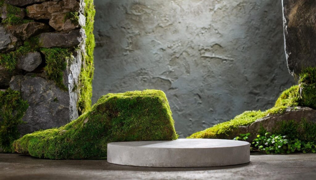 Stone Podium with Moss Background for Product Showcase mockup, empty product display podium podium Free Photo