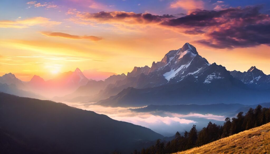 Striking mountain view with bright colorful sky at sunrise Free Photo