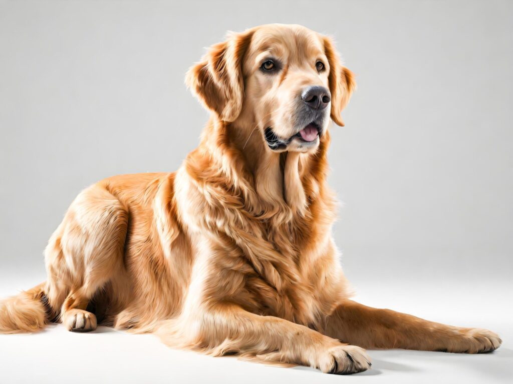 Studio shot of a beautiful Golden Retriever lying on white background. Free Photo