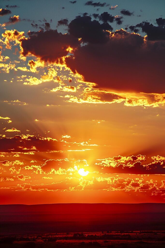 stunning Photo of sunset over city skyline. The sun is partially obscured by clouds, casting an array of golden rays across the sky Ai Generated Free Photo