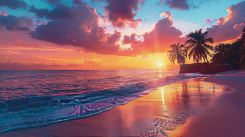 Stunning Sunset Over Palm-Studded Beach Free Photo