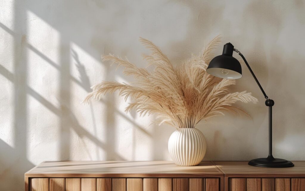 Stylish Lamp and Sun-Kissed Pampas Grass on a Wooden Sideboard Free Photo