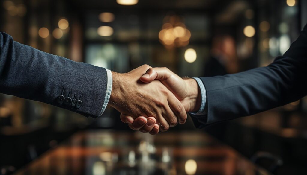 Successful businessmen shaking hands in a professional office, celebrating cooperation generated by AI Free Photo