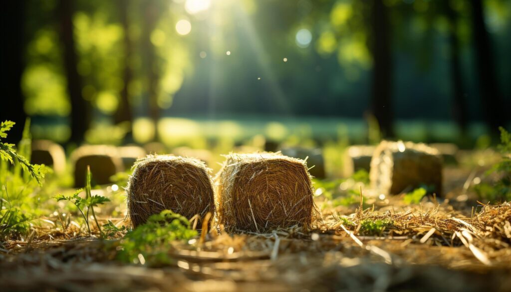 Summer meadow, green grass, rolled up hay, fresh harvest generated by AI Free Photo