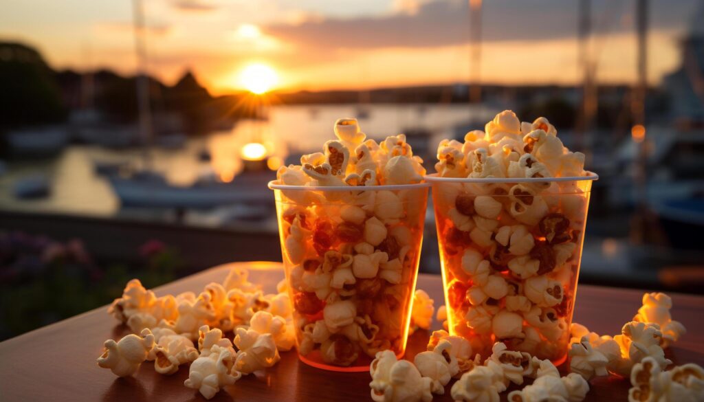 Summer sunset outdoors, nature freshness, relaxation, movie, gourmet snack generated by AI Free Photo