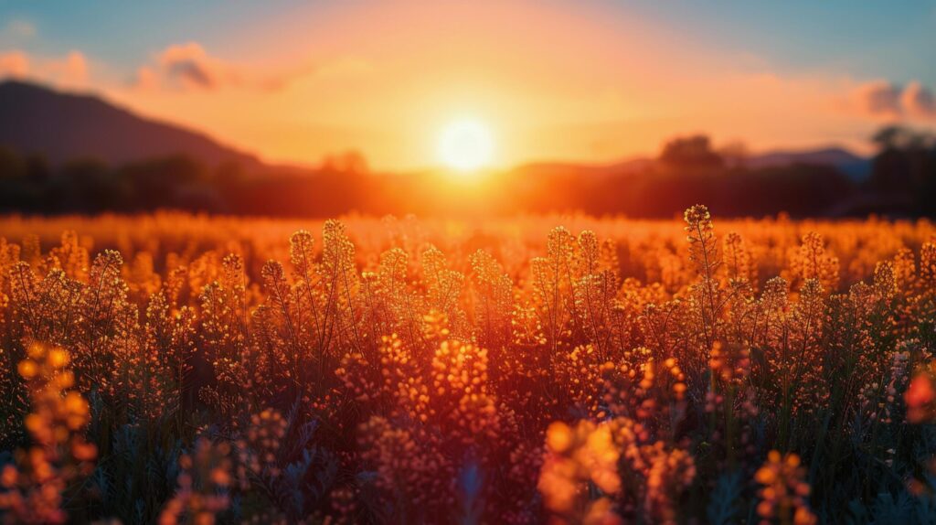 Sun Setting Over Field of Flowers Free Photo