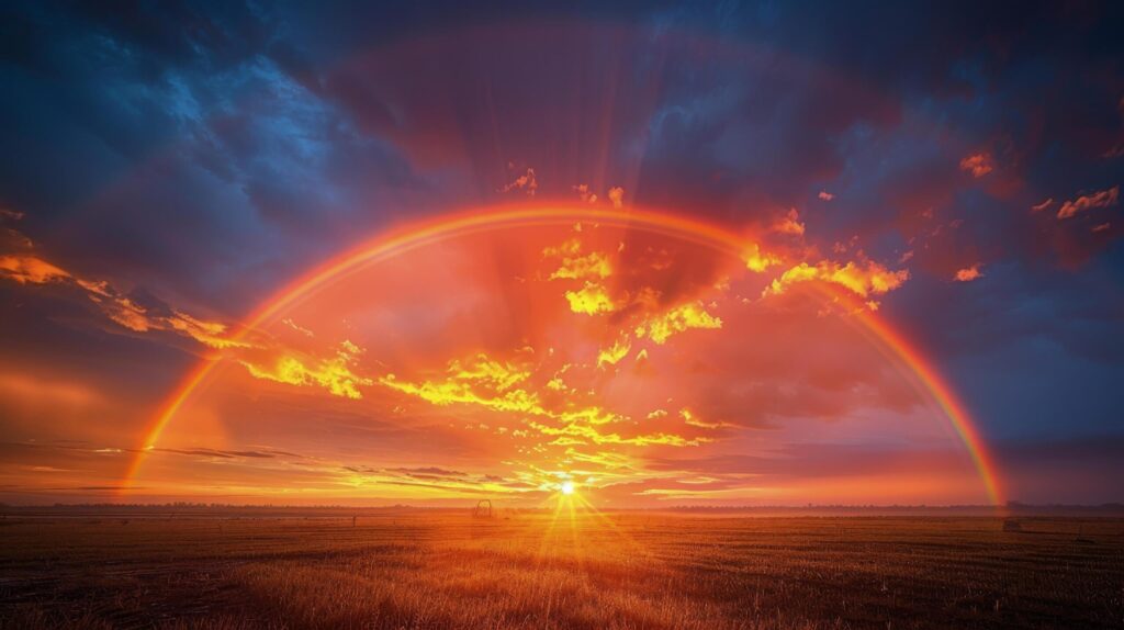 Sun Setting Over Field With Rainbow Free Photo