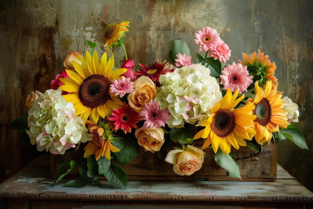 Sunflower and Mixed Flowers Rustic Arrangement Free Photo