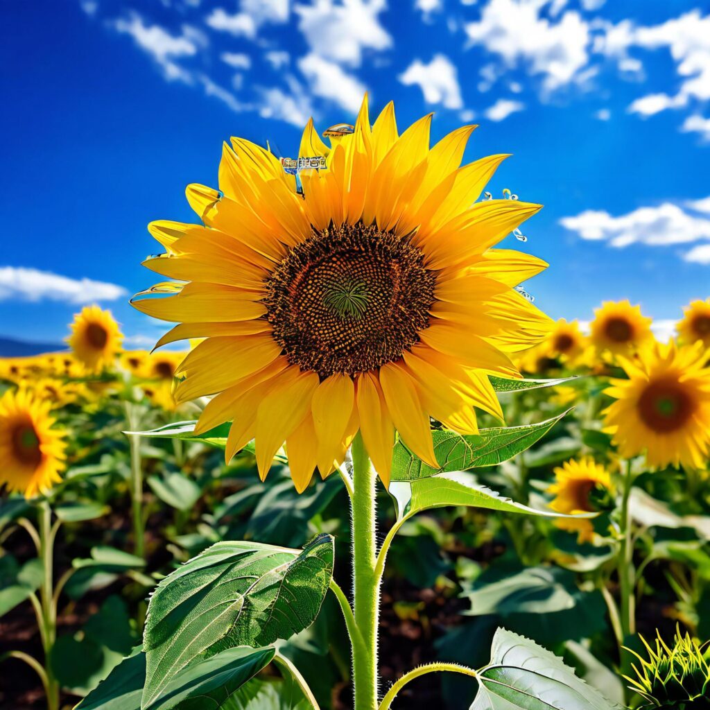 Sunflower in full bloom stands amidst a field of sunflowers Free Photo