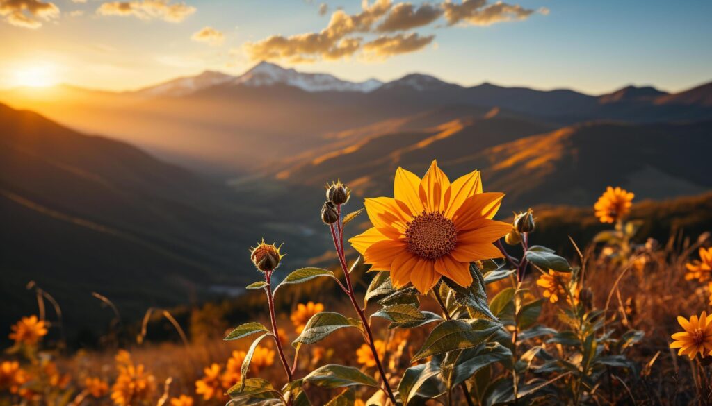 Sunflower meadow, vibrant petals, nature beauty in rural sunset generated by AI Free Photo