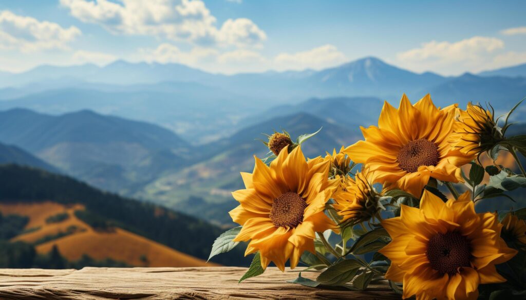 Sunflower meadow, yellow flowers, mountain peak, nature beauty generated by AI Free Photo