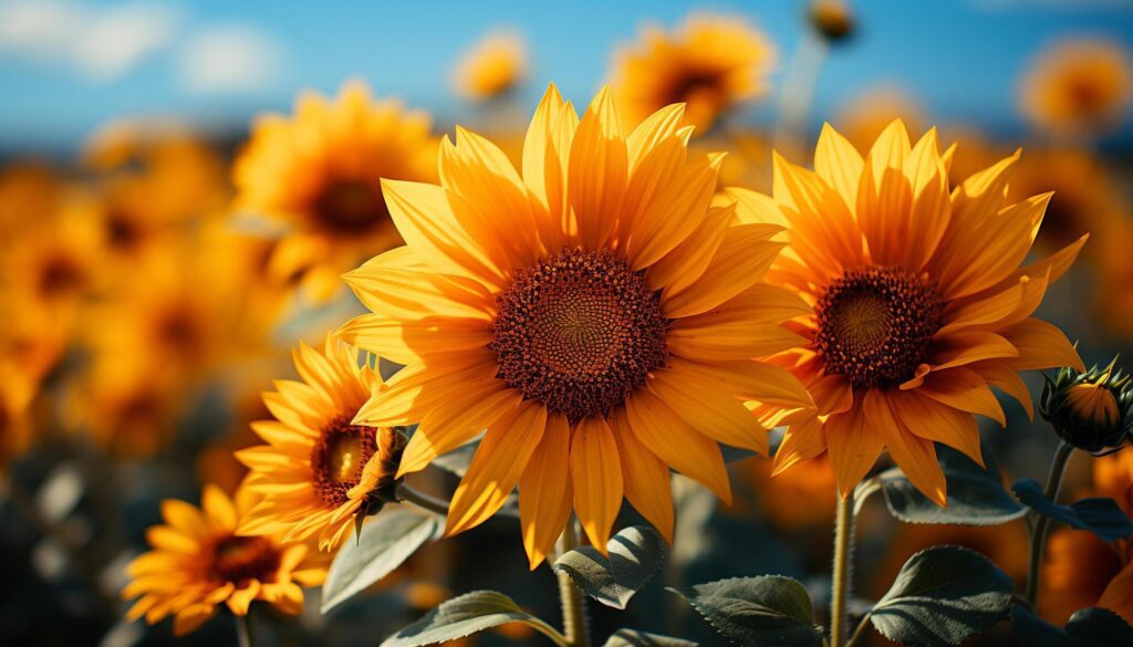 Sunflower, nature vibrant beauty in a meadow of yellow generated by AI Free Photo