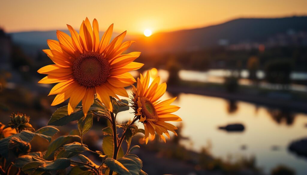 Sunflower, outdoors, summer, flower, yellow, sunset, beauty in nature, plant, sunlight generated by AI Free Photo